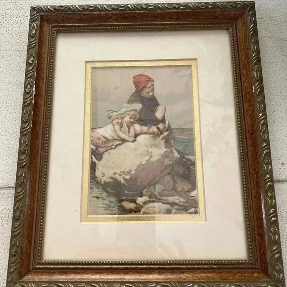 Vintage Wood Framed Matted Picture of Kids by the Water - Picture 4 of 5